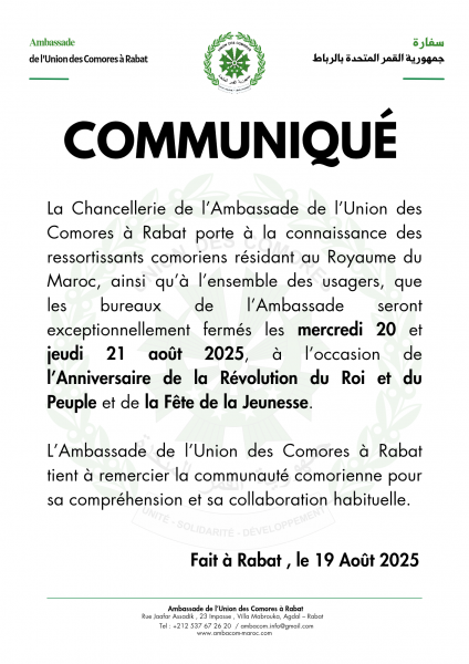 Communiqué Fête Anniversaire de la Révolution du Roi et du Peuple et la Fête de la Jeunesse