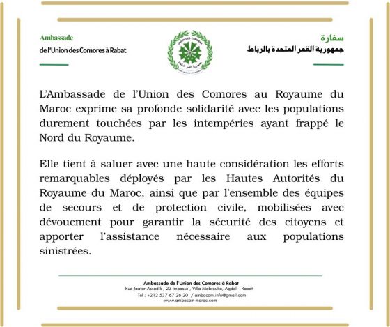 Solidarité avec les populations durement touchées par les intempéries ayant frappé le Nord du Royaume.